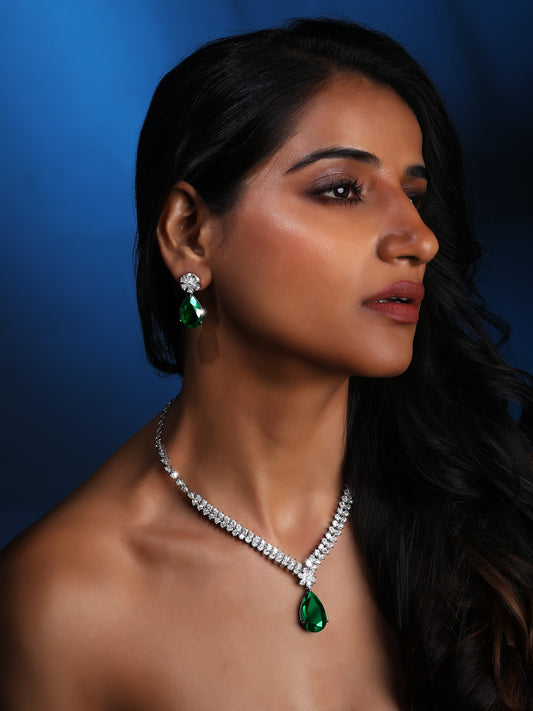 Rhodium-Plated Cz American Diamond Necklace Set With Drop Earring