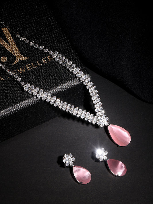 Rhodium-Plated Cz American Diamond Necklace Set With Drop Earring