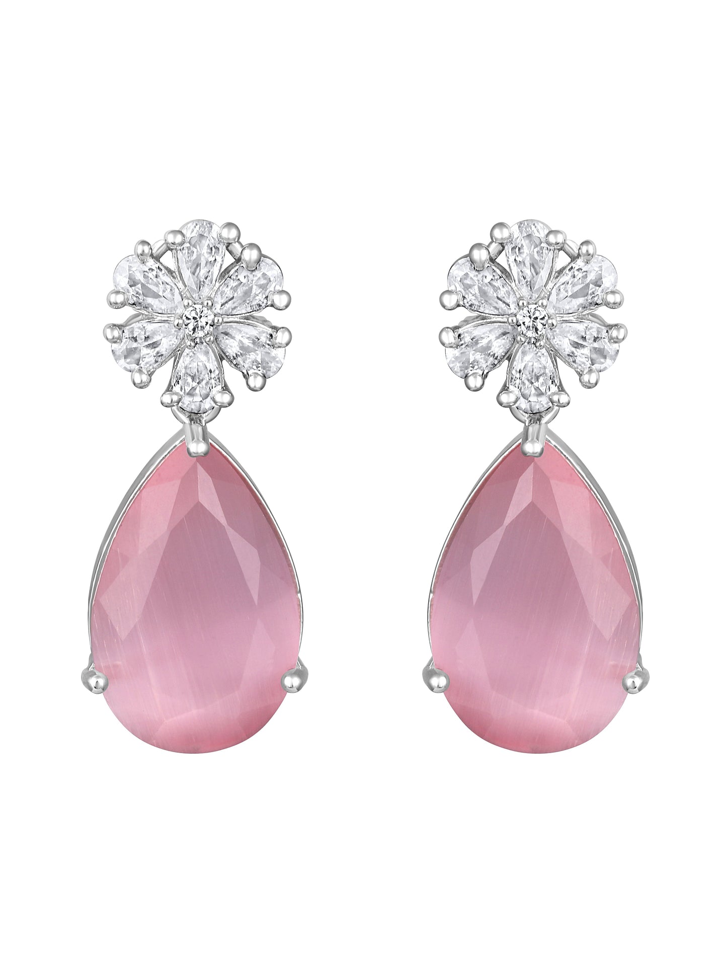 Rhodium-Plated Cz American Diamond Necklace Set With Drop Earring