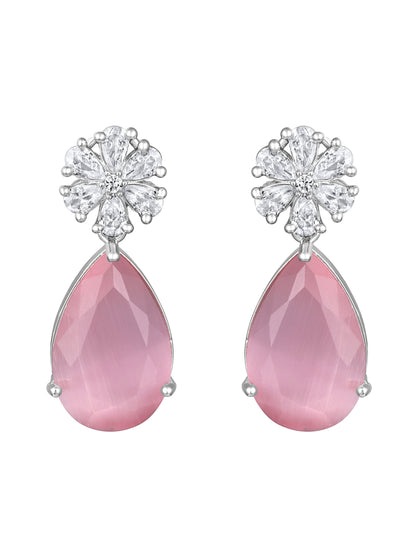 Rhodium-Plated Cz American Diamond Necklace Set With Drop Earring