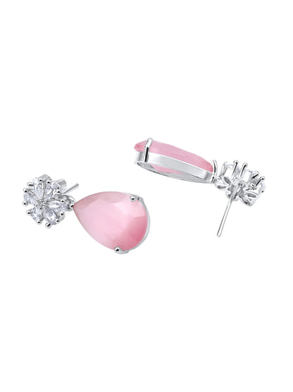 Rhodium-Plated Cz American Diamond Necklace Set With Drop Earring