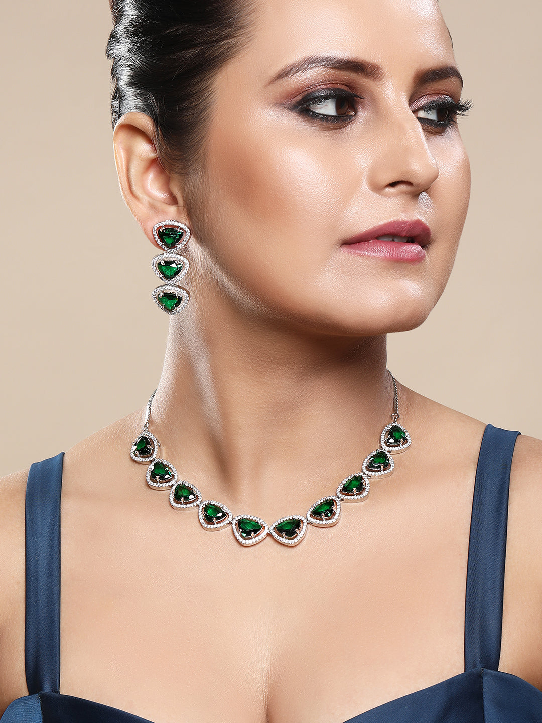 Verdant Bliss: Rhodium-Plated Choker & Earring Set