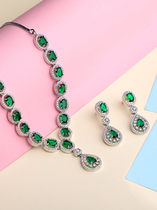 Emerald Elegance: Rhodium-Plated Choker & Earring Set