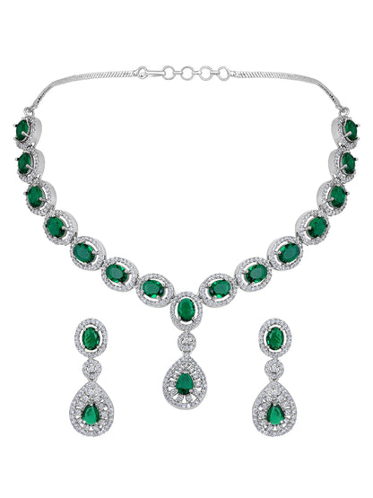 Emerald Elegance: Rhodium-Plated Choker & Earring Set