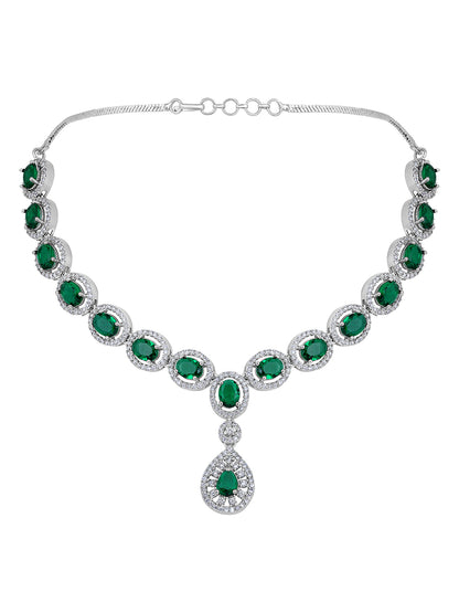 Emerald Elegance: Rhodium-Plated Choker & Earring Set