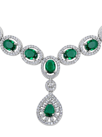 Emerald Elegance: Rhodium-Plated Choker & Earring Set