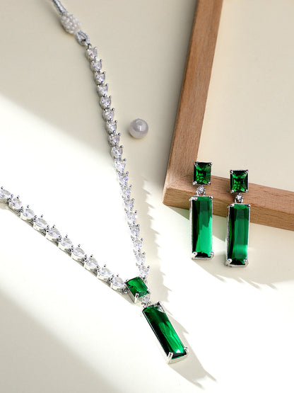 Emerald Elegance: Rhodium Plated White & Green CZ Jewellery Set