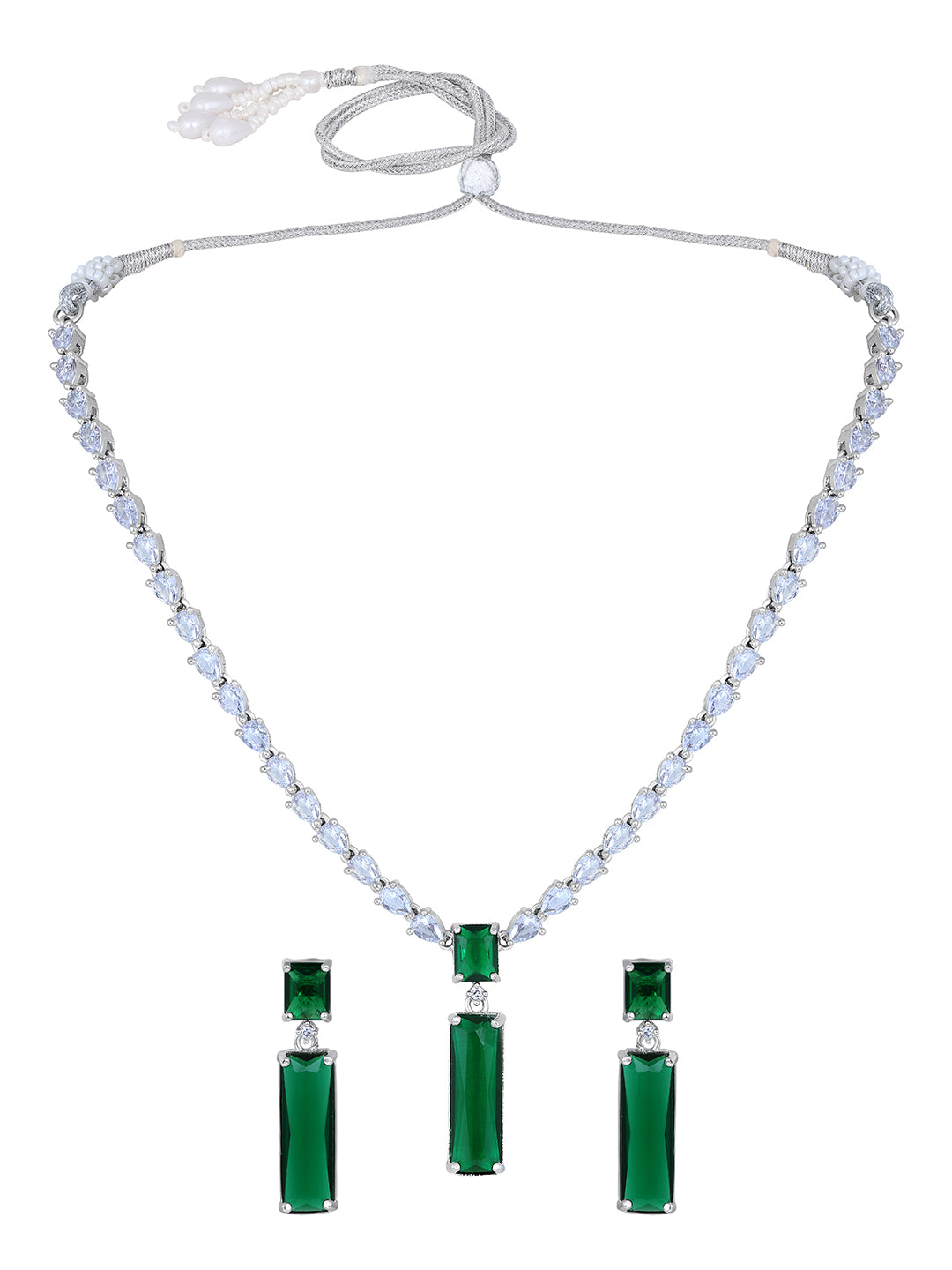 Emerald Elegance: Rhodium Plated White & Green CZ Jewellery Set