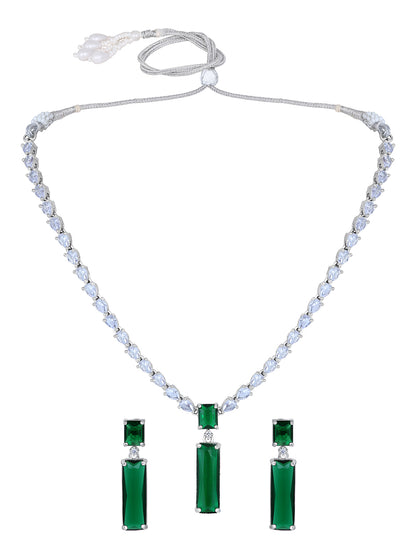 Emerald Elegance: Rhodium Plated White & Green CZ Jewellery Set