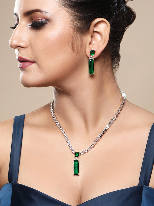Emerald Elegance: Rhodium Plated White & Green CZ Jewellery Set