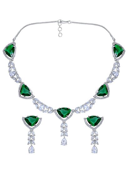 Verdant Charm: Rhodium-Plated Choker & Earring Set