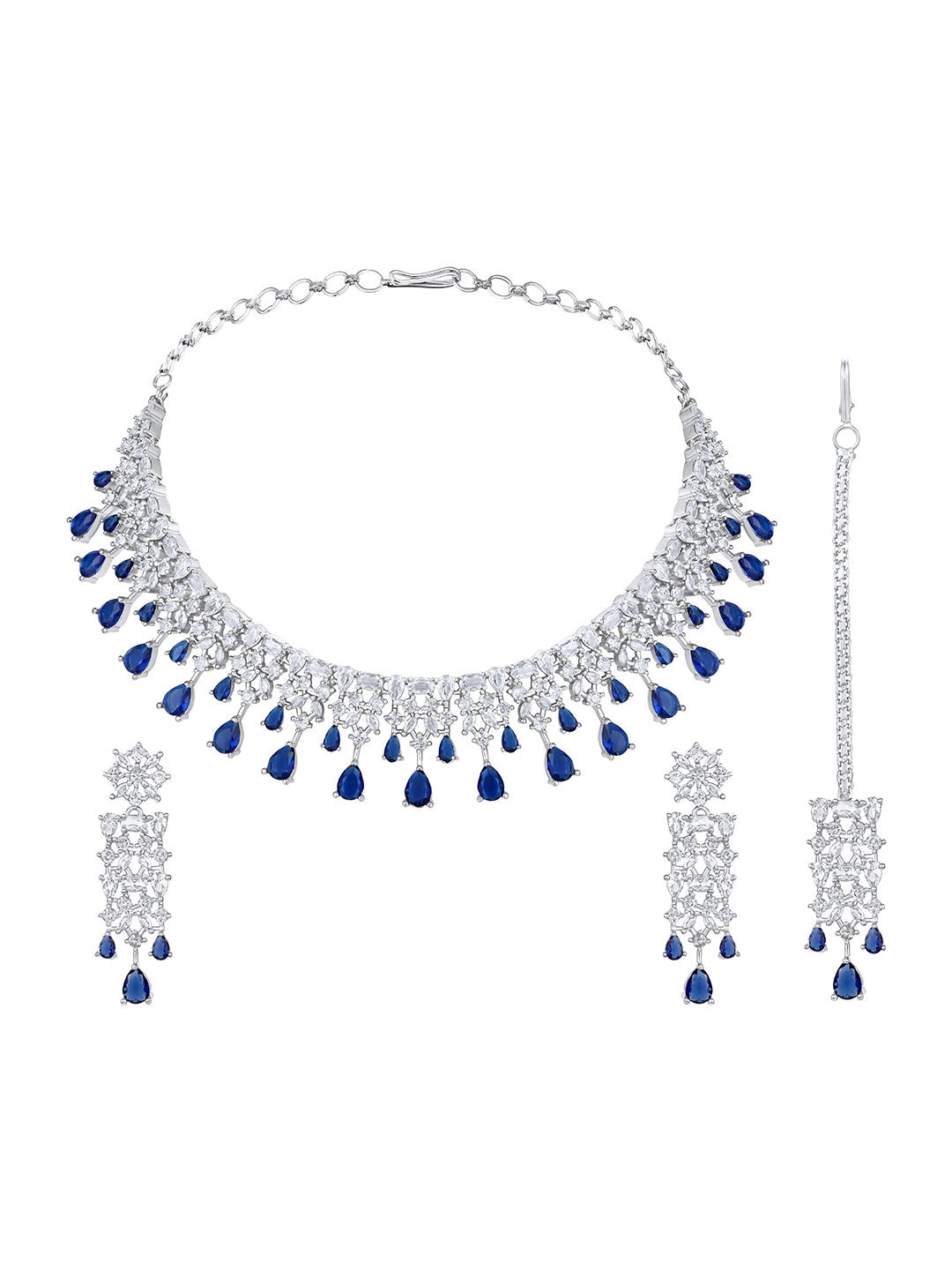 Rhodium-Plated Cz American Diamond Necklace Set With Dangle Earrings