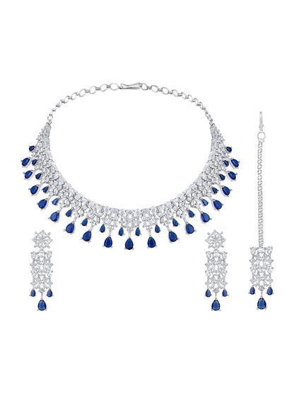 Rhodium-Plated Cz American Diamond Necklace Set With Dangle Earrings