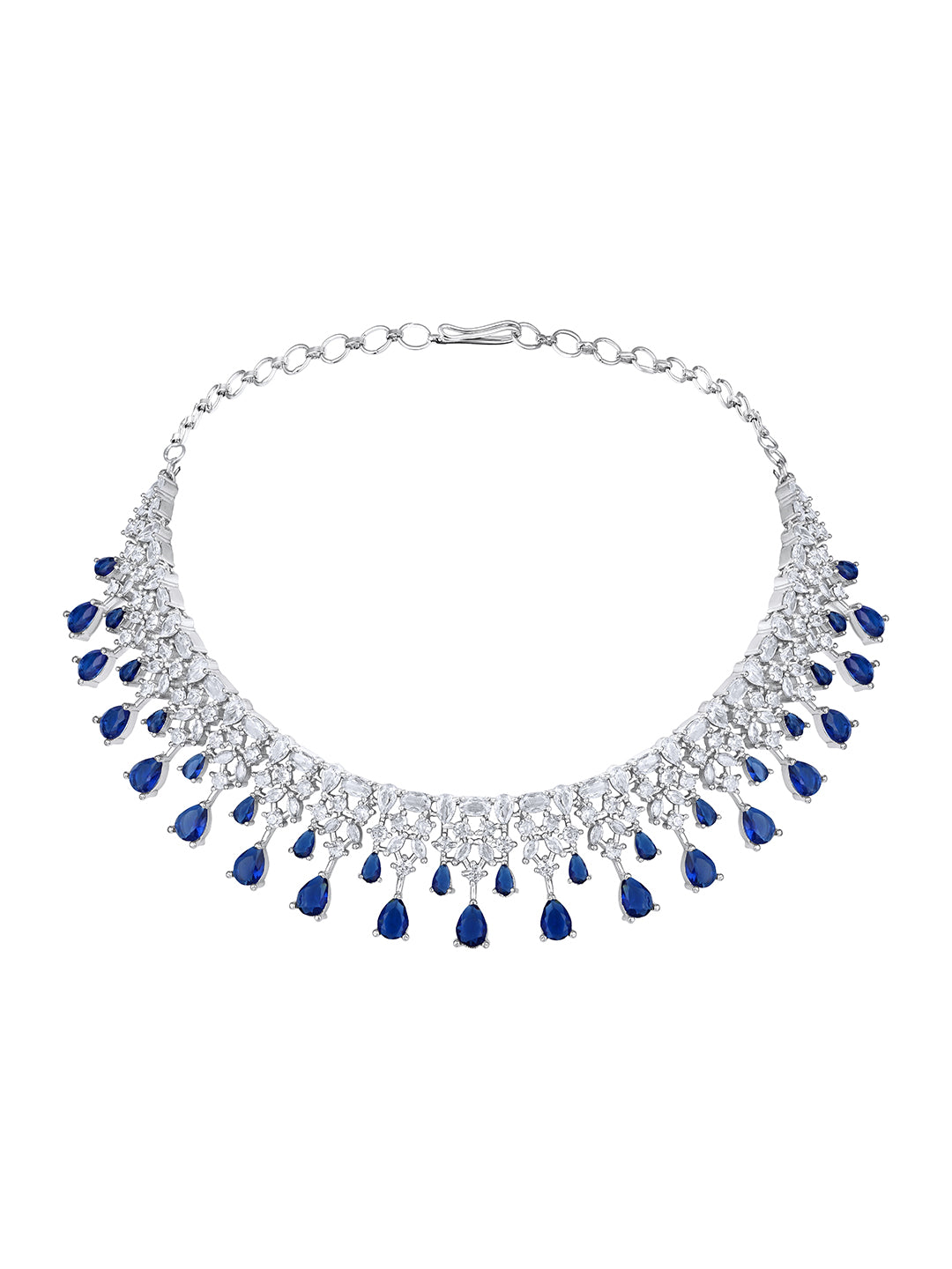 Rhodium-Plated Cz American Diamond Necklace Set With Dangle Earrings