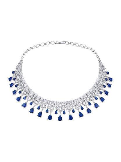 Rhodium-Plated Cz American Diamond Necklace Set With Dangle Earrings