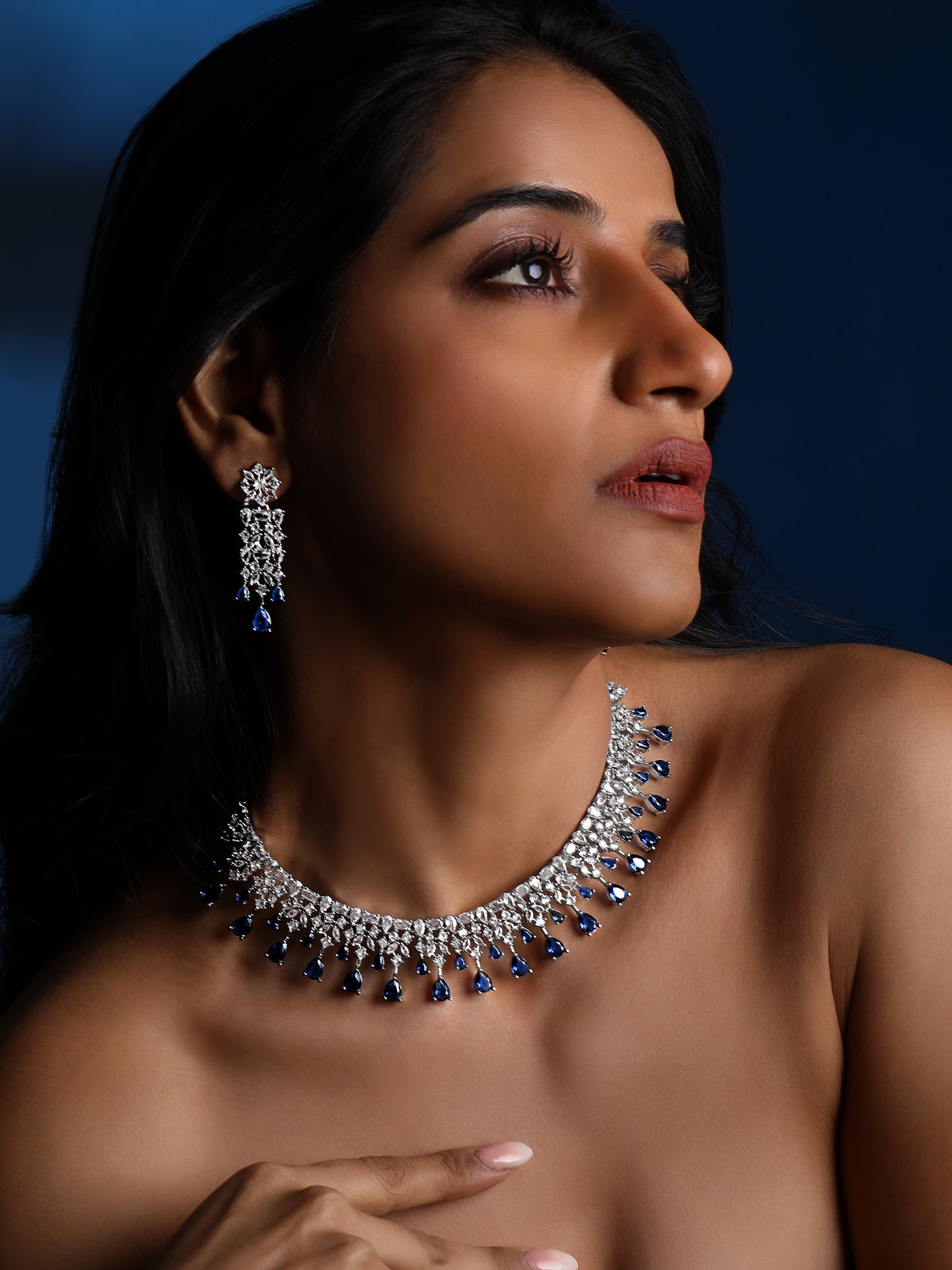 Rhodium-Plated Cz American Diamond Necklace Set With Dangle Earrings