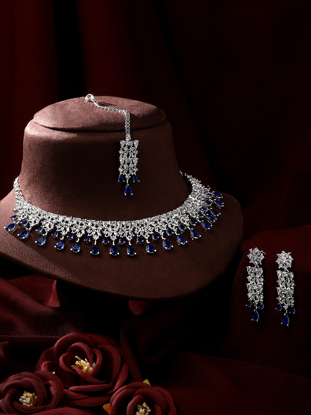 Rhodium-Plated Cz American Diamond Necklace Set With Dangle Earrings