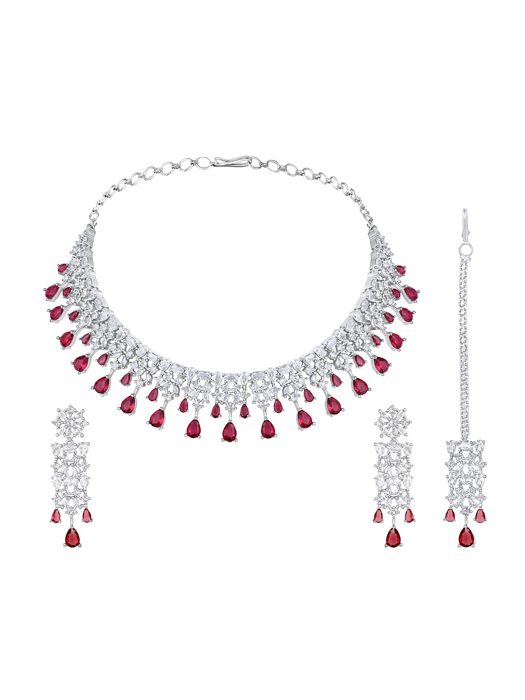 Rhodium-Plated Cz American Diamond Necklace Set With Dangle Earrings