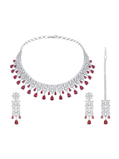 Rhodium-Plated Cz American Diamond Necklace Set With Dangle Earrings