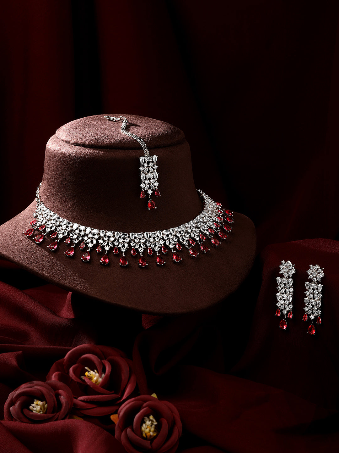 Rhodium-Plated Cz American Diamond Necklace Set With Dangle Earrings