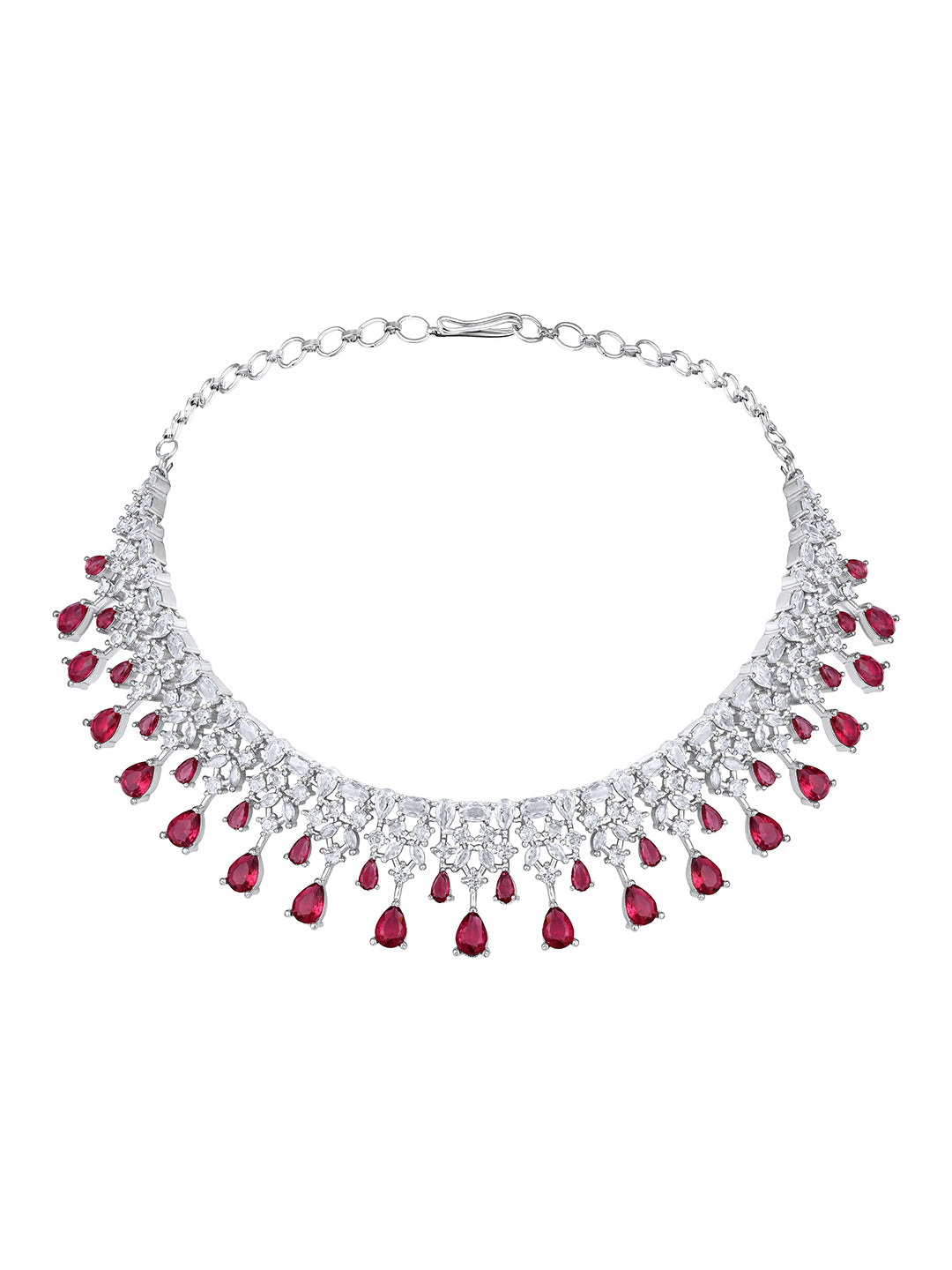 Rhodium-Plated Cz American Diamond Necklace Set With Dangle Earrings