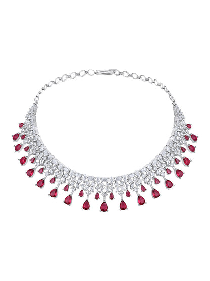 Rhodium-Plated Cz American Diamond Necklace Set With Dangle Earrings