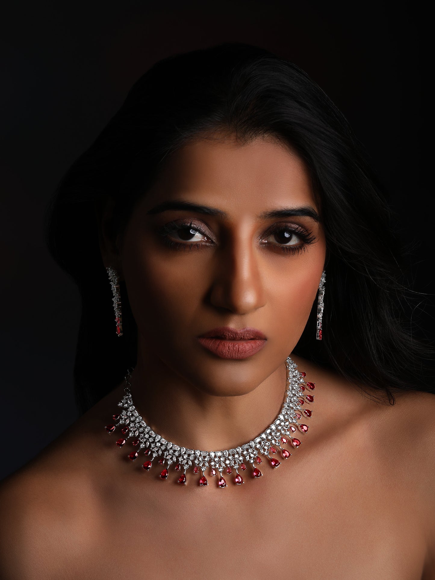 Rhodium-Plated Cz American Diamond Necklace Set With Dangle Earrings