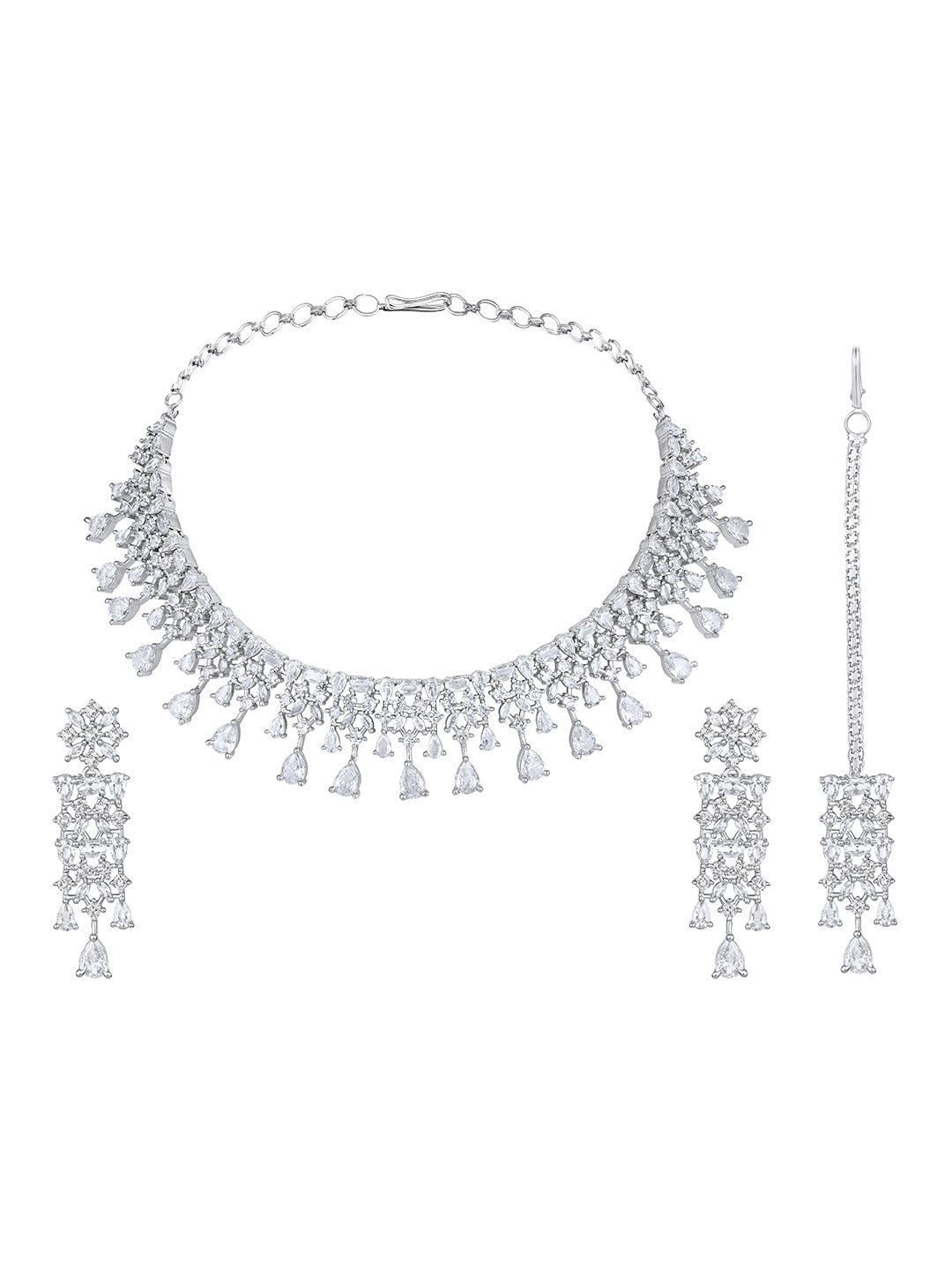Rhodium-Plated Cz American Diamond Necklace Set With Dangle Earrings