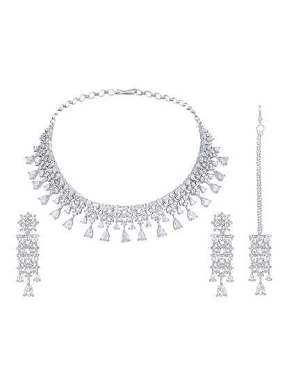 Rhodium-Plated Cz American Diamond Necklace Set With Dangle Earrings