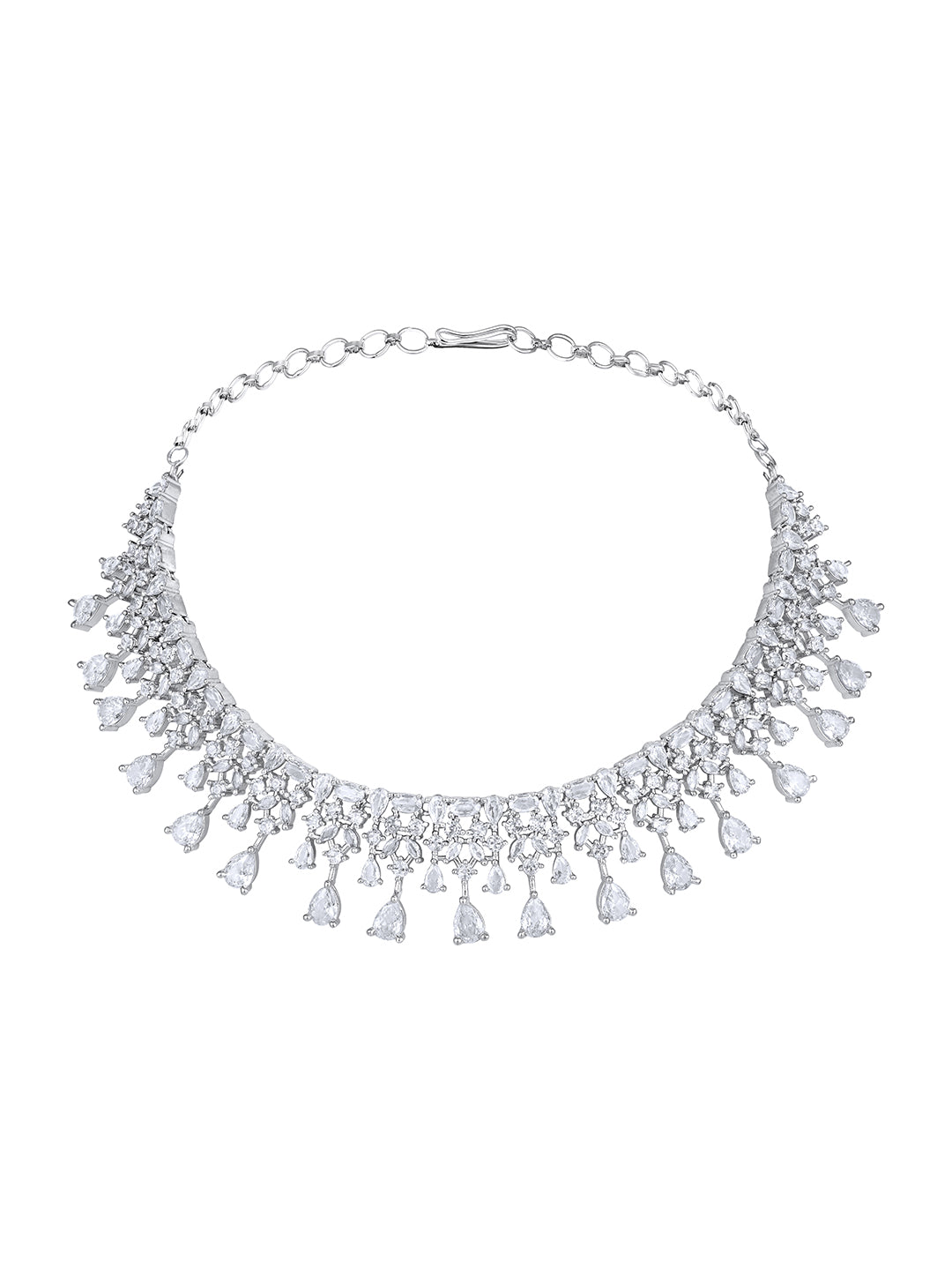 Rhodium-Plated Cz American Diamond Necklace Set With Dangle Earrings