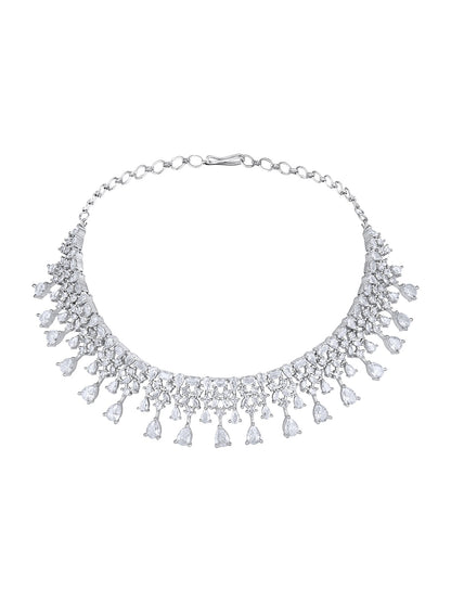 Rhodium-Plated Cz American Diamond Necklace Set With Dangle Earrings