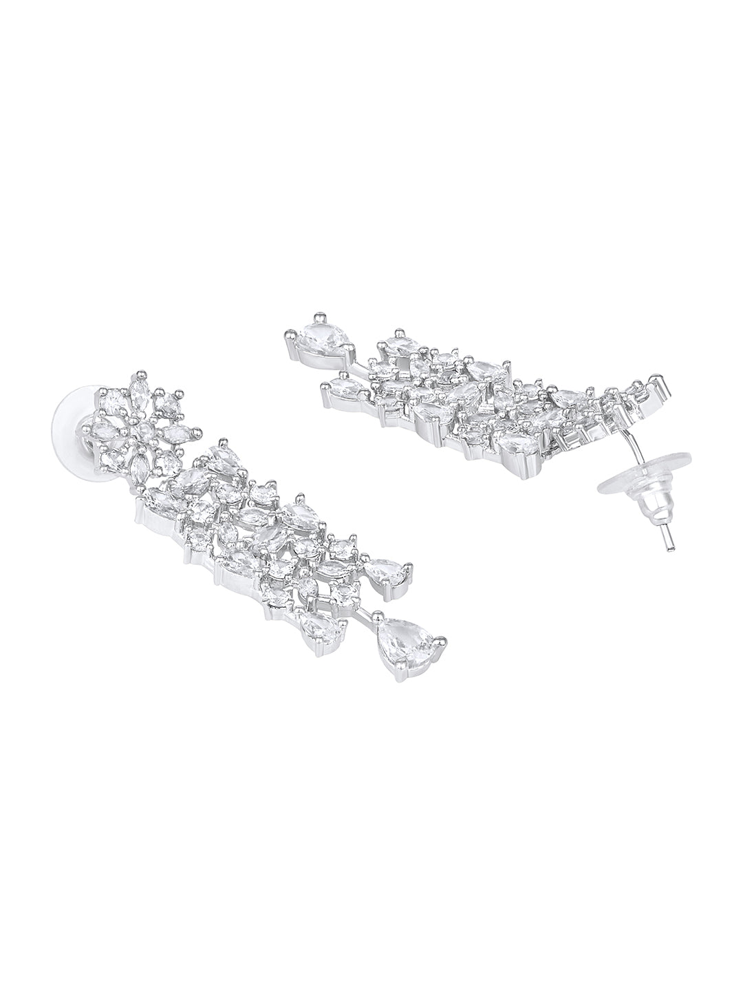 Rhodium-Plated Cz American Diamond Necklace Set With Dangle Earrings