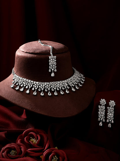 Rhodium-Plated Cz American Diamond Necklace Set With Dangle Earrings
