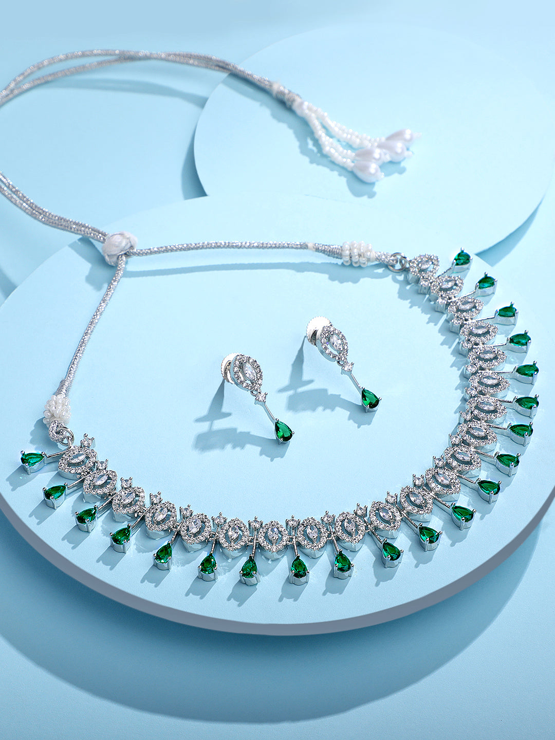 Emerald Elegance: Rhodium Choker & Earring Set