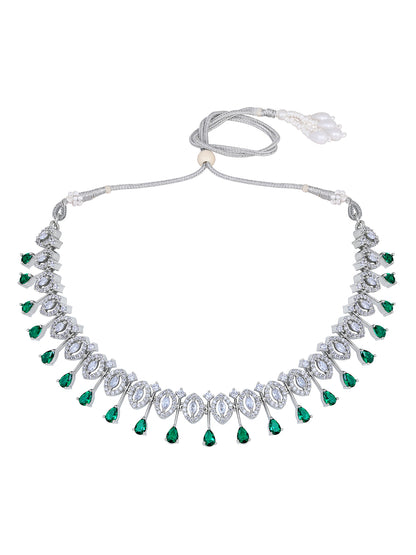 Emerald Elegance: Rhodium Choker & Earring Set