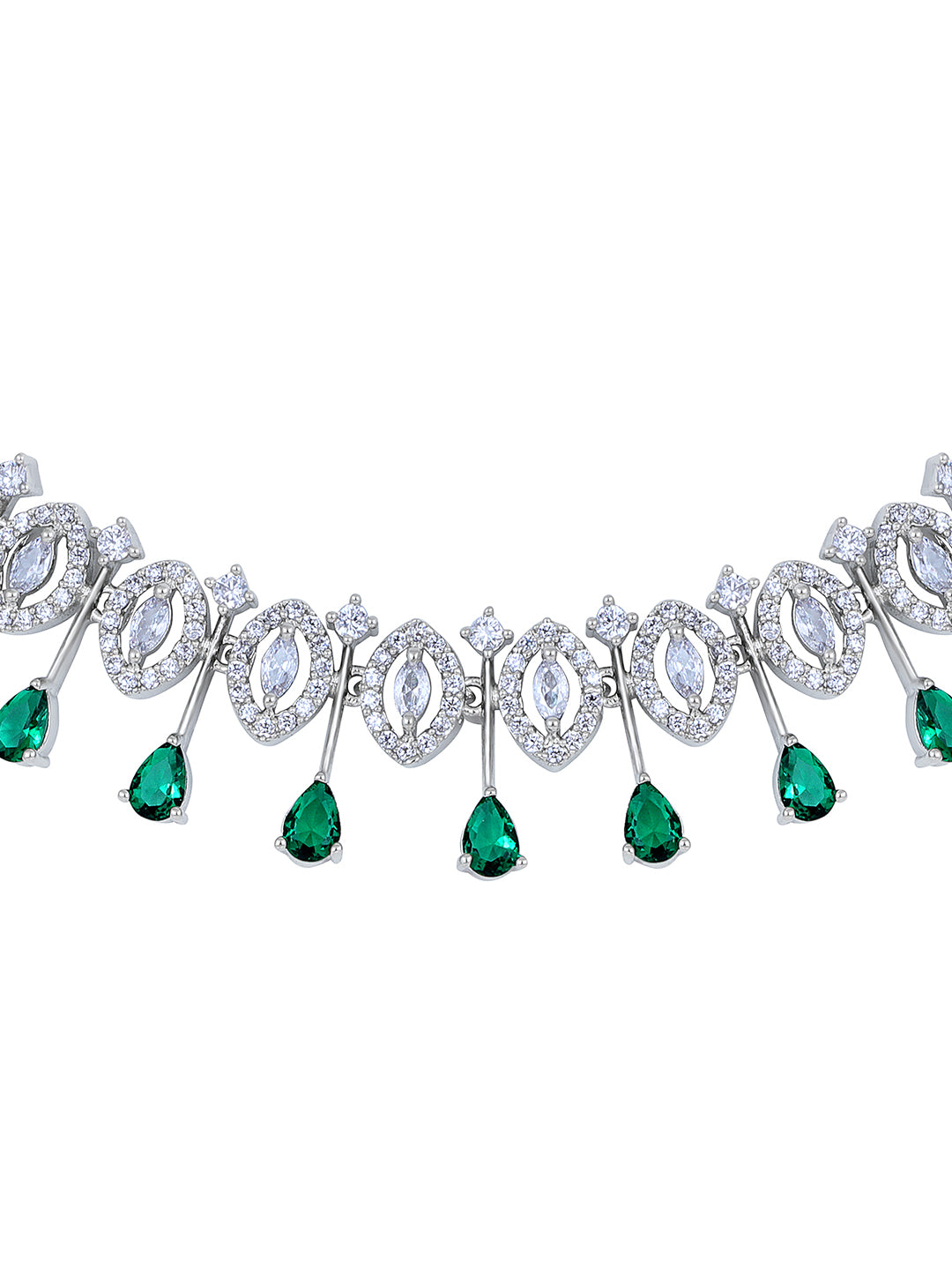 Emerald Elegance: Rhodium Choker & Earring Set