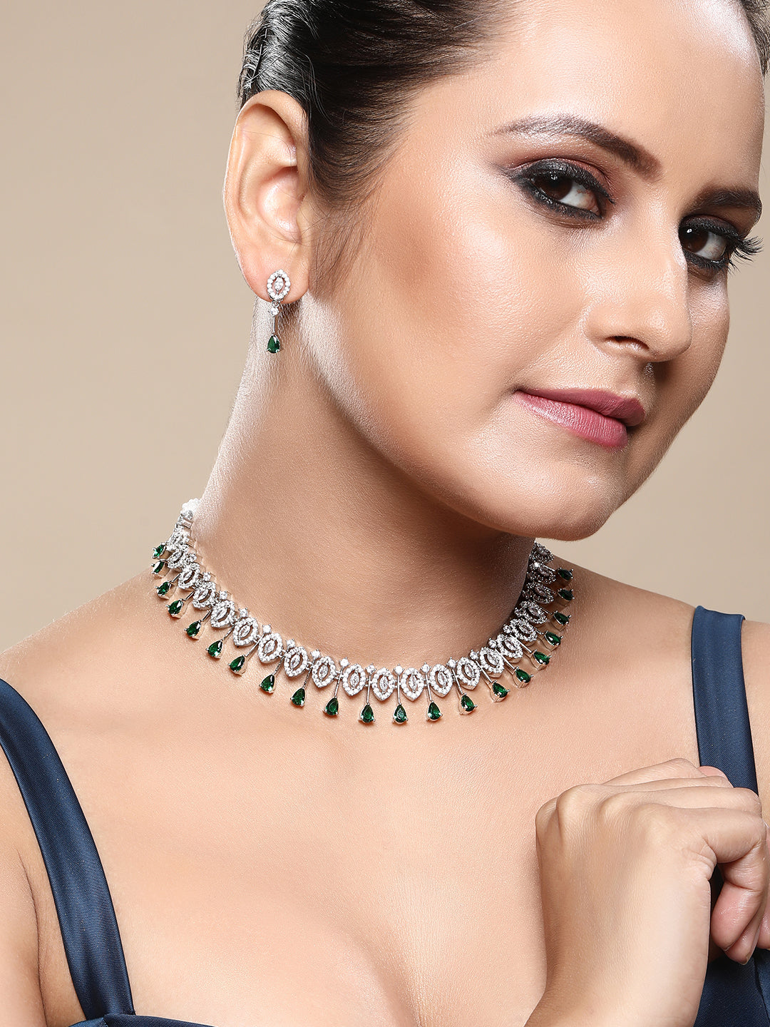 Emerald Elegance: Rhodium Choker & Earring Set