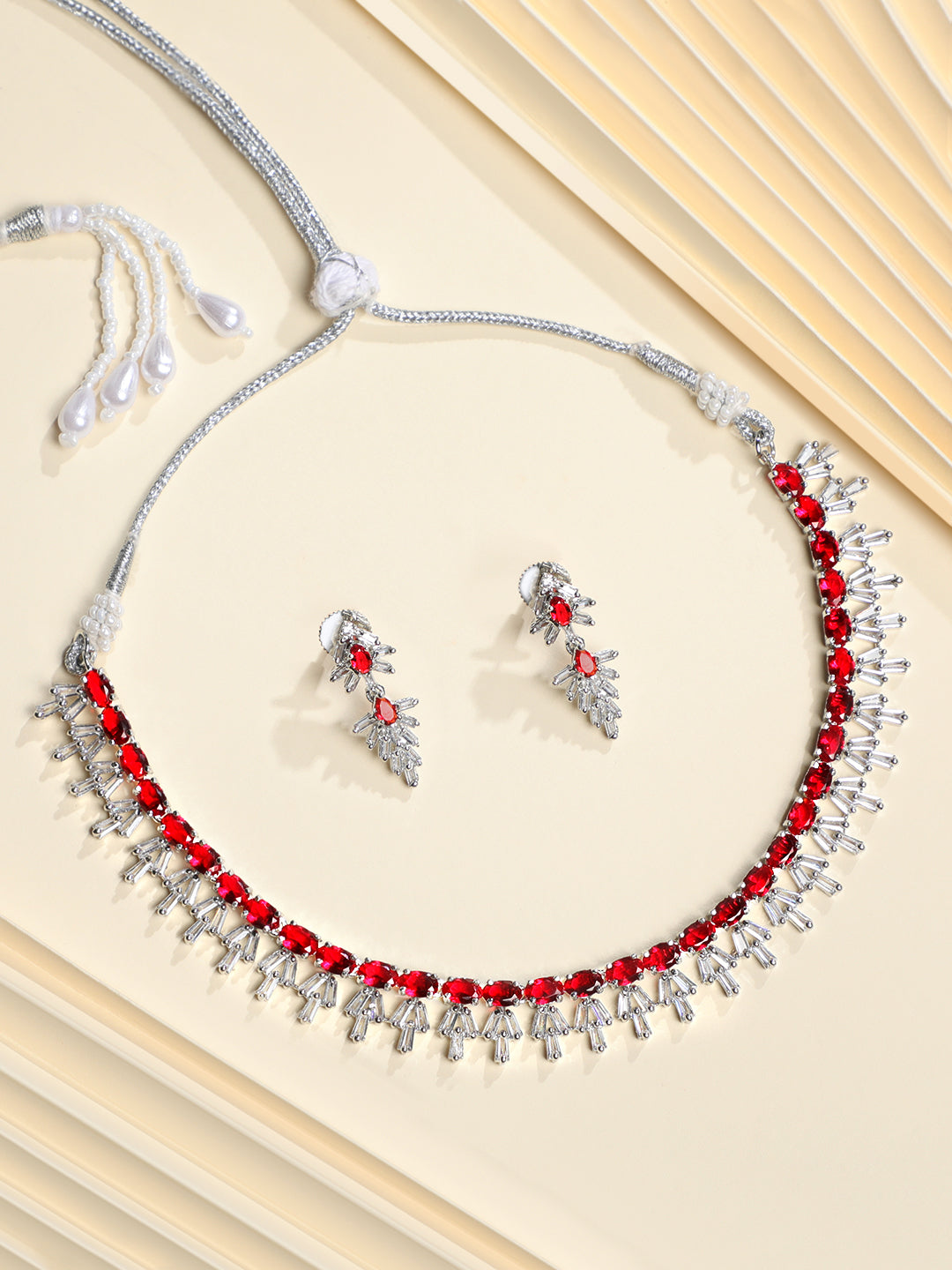Stunning Eye-Catchy Silver Toned CZ-Studded Jewellery SetStudded Jewellery Set