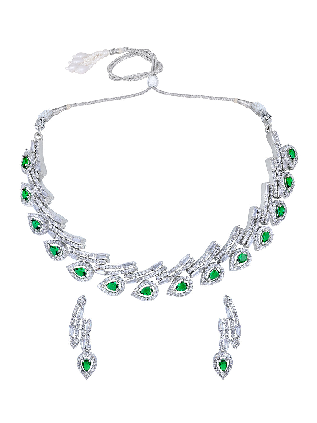 Chic Emerald Twist: Rhodium Choker & Earring Set