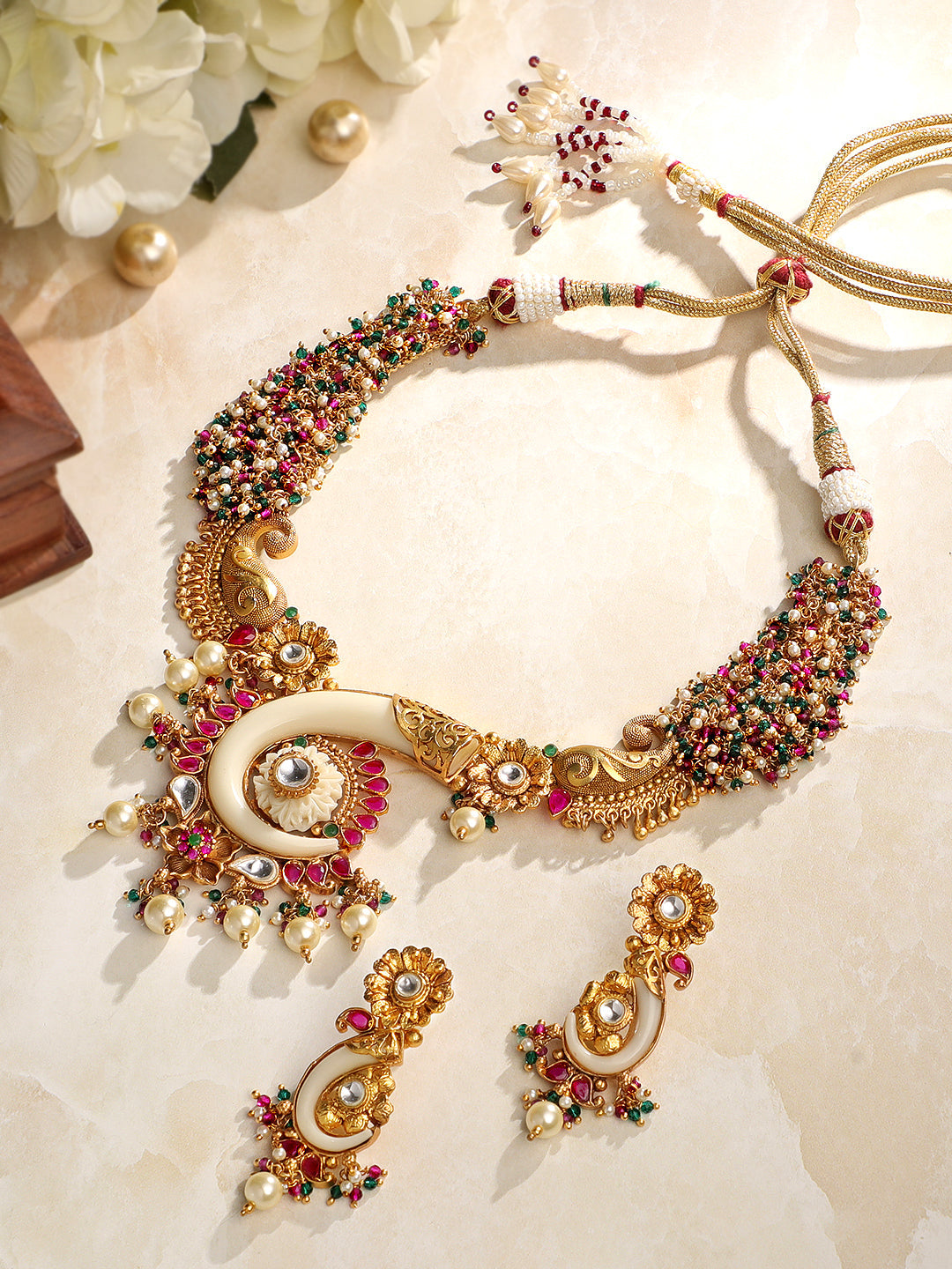 Gold-Plated Multicolor Kundan Dangle Earrings With Necklace Set