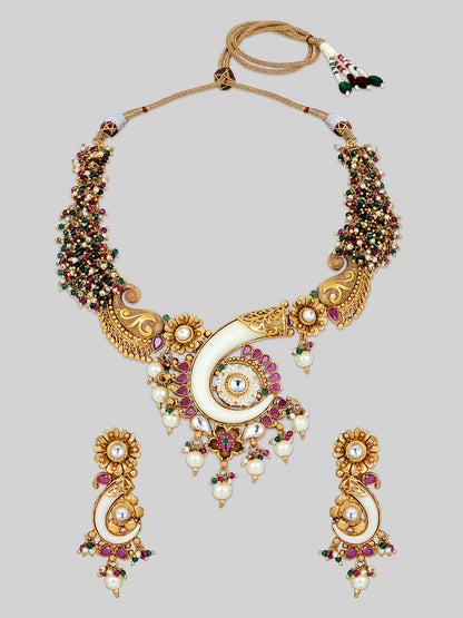 Gold-Plated Multicolor Kundan Dangle Earrings With Necklace Set