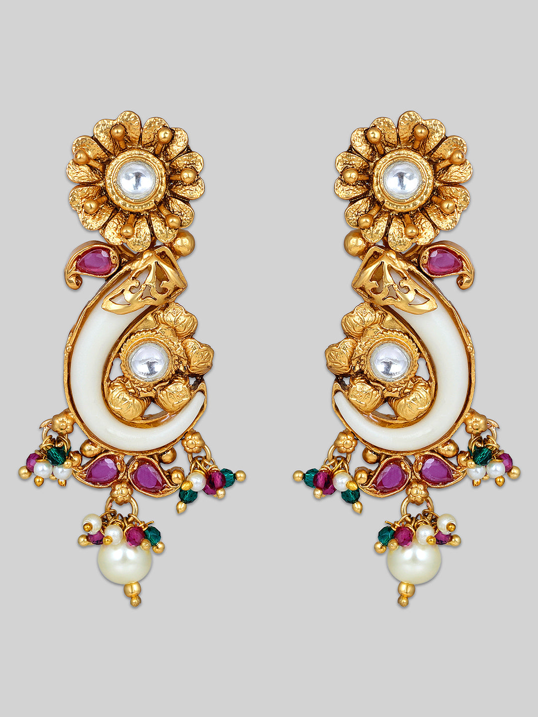 Gold-Plated Multicolor Kundan Dangle Earrings With Necklace Set