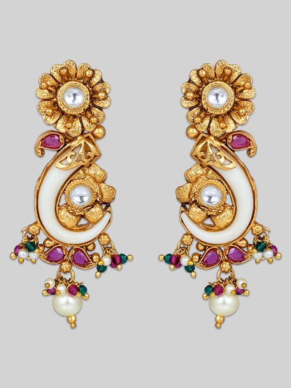 Gold-Plated Multicolor Kundan Dangle Earrings With Necklace Set