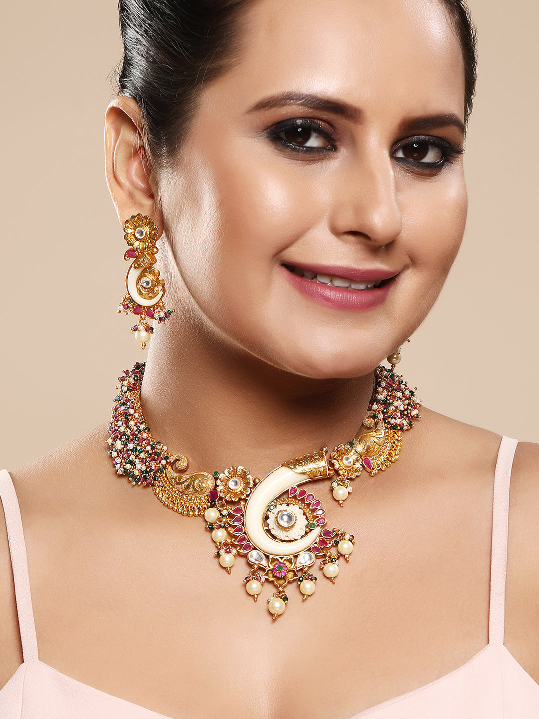Gold-Plated Multicolor Kundan Dangle Earrings With Necklace Set