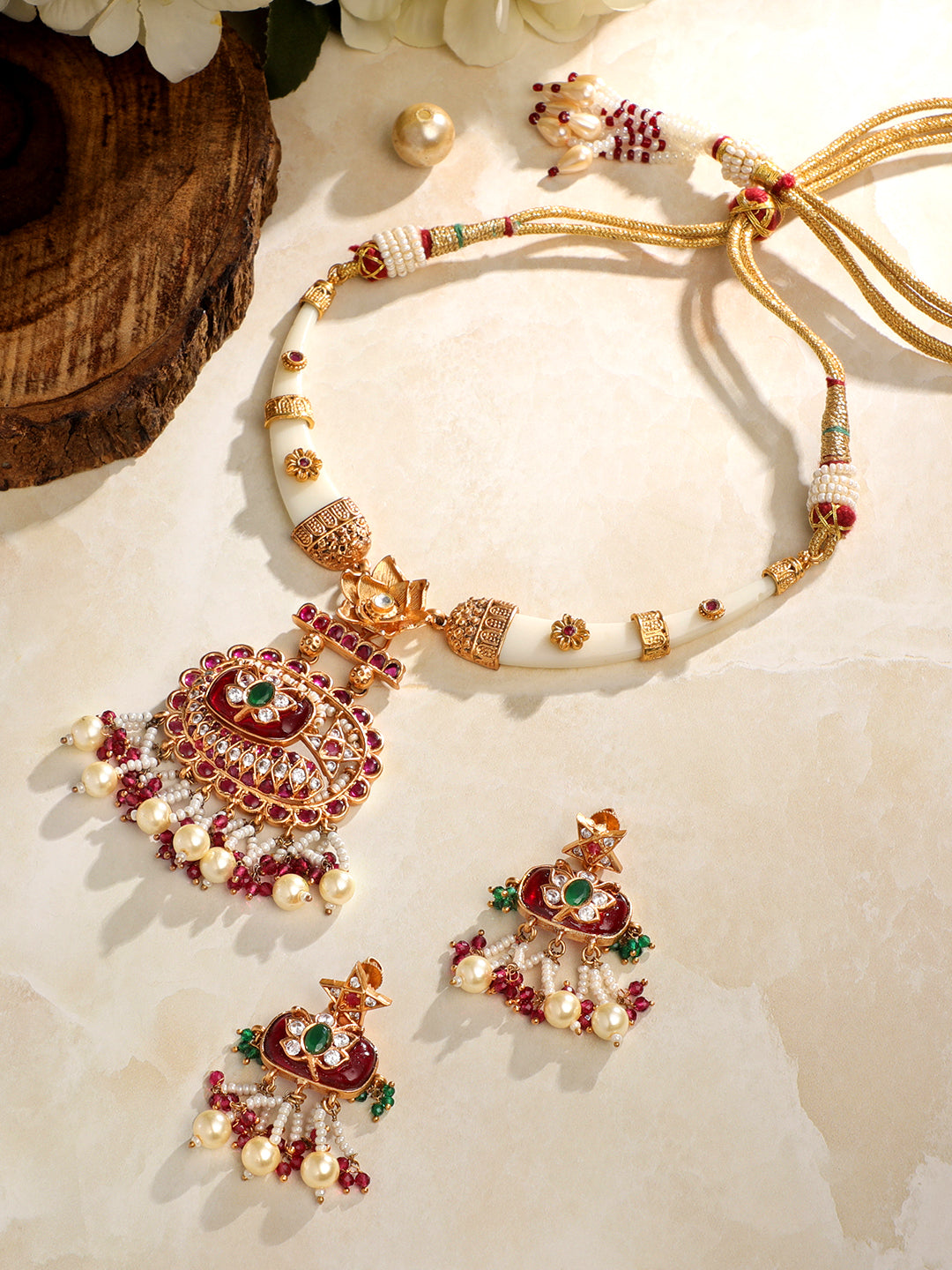 Gold-Plated Multicolor Kundan Dangle Earrings With Necklace Set