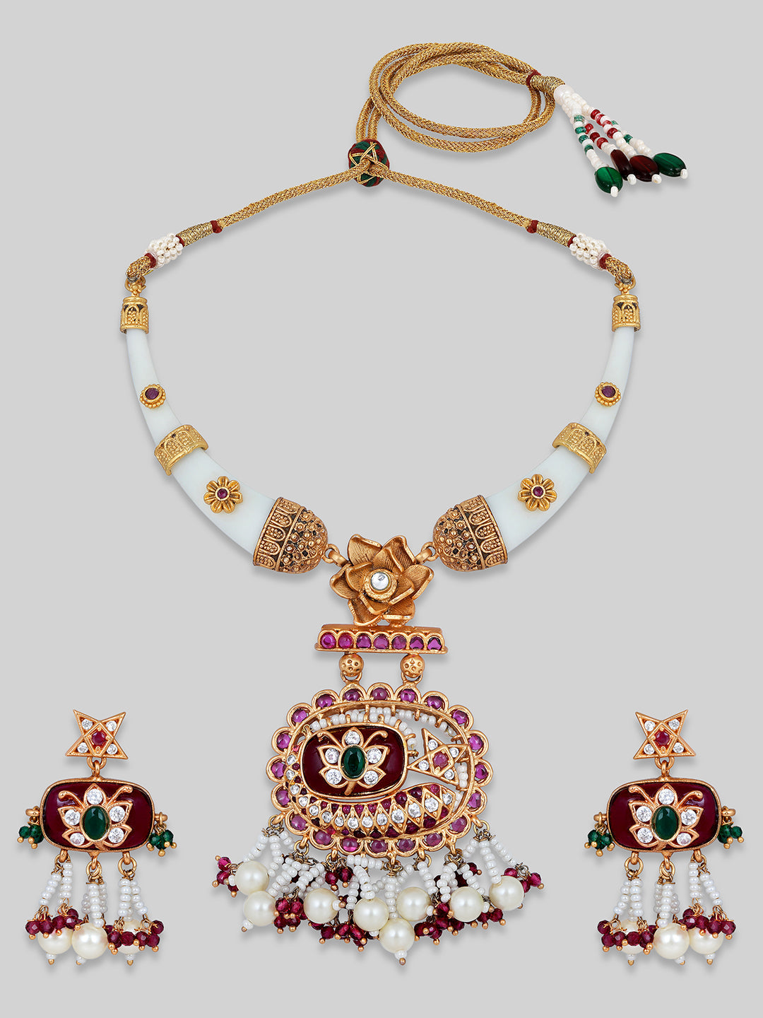 Gold-Plated Multicolor Kundan Dangle Earrings With Necklace Set
