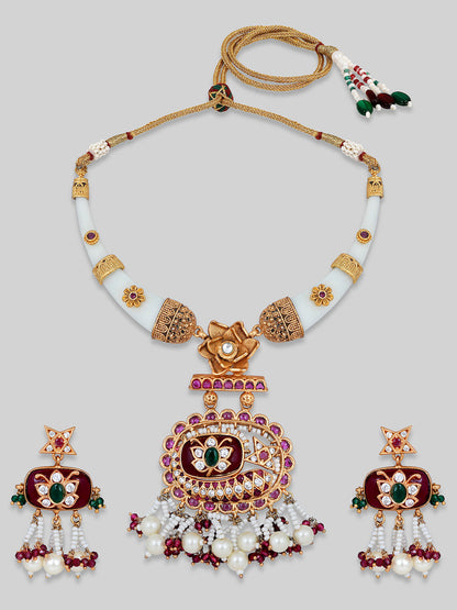 Gold-Plated Multicolor Kundan Dangle Earrings With Necklace Set