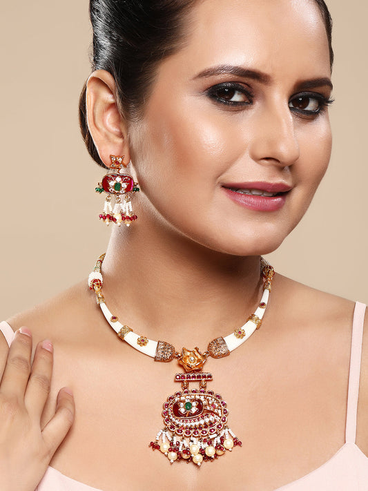 Gold-Plated Multicolor Kundan Dangle Earrings With Necklace Set