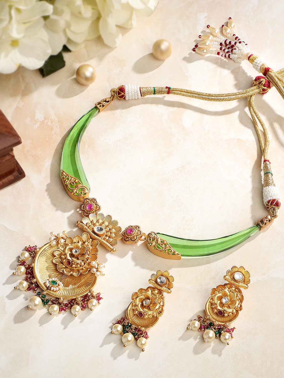 Gold-Plated Multicolor Kundan Dangle Earrings With Necklace Set