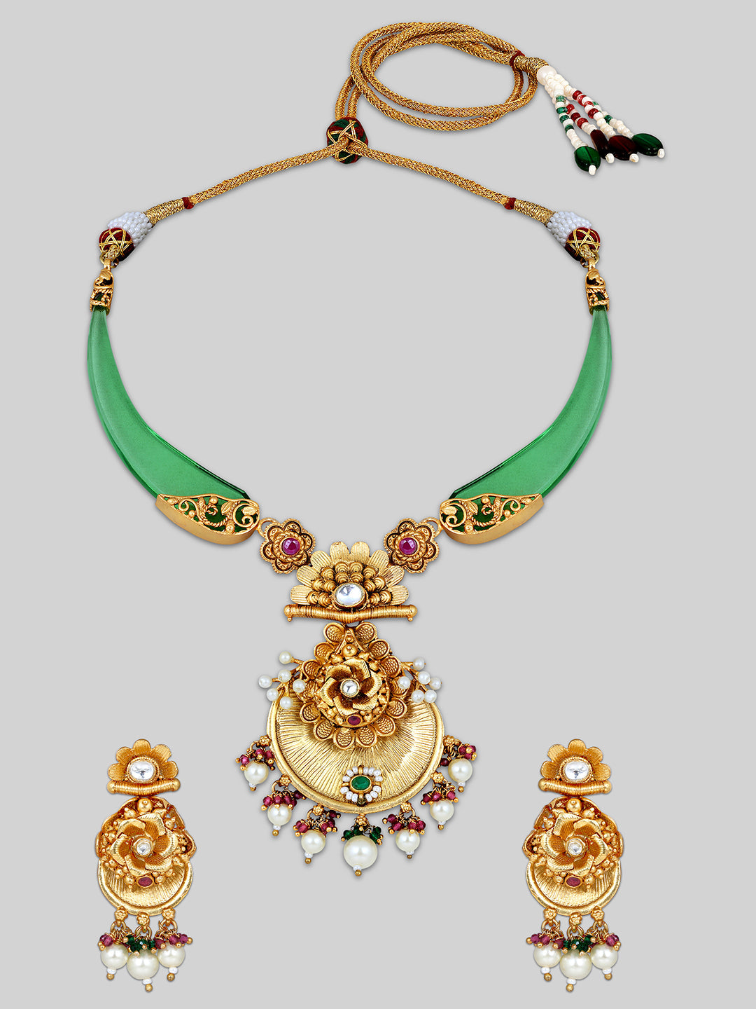 Gold-Plated Multicolor Kundan Dangle Earrings With Necklace Set